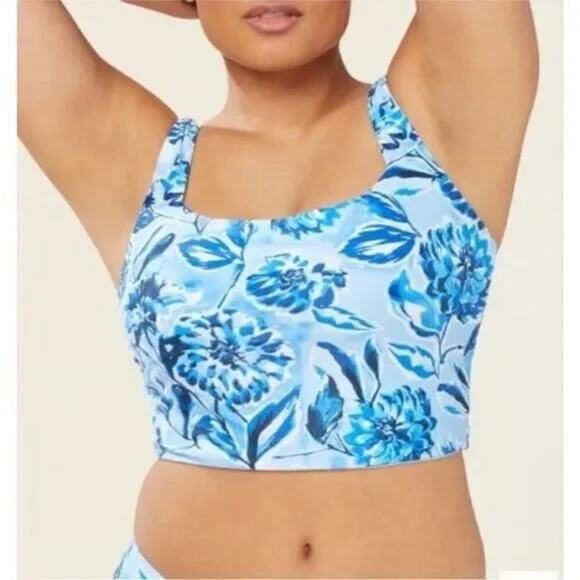 Andie Other - NWT Andie Swim The Siren Floral Athletic Cropped Tankini Top L Bluff Blue White